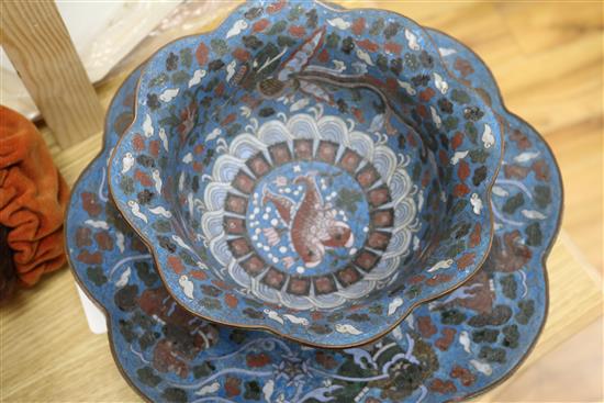 A Chinese blue ground cloisonne bowl with petal rim and a similar footed bowl, W 33cm